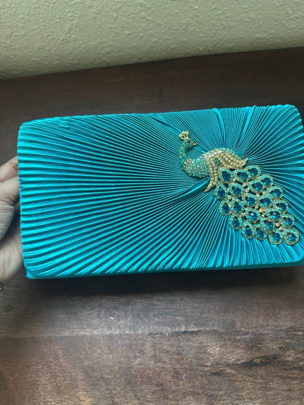 Peacock Embellished Turquoise Satin Clutch